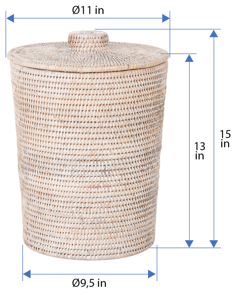 La Jolla Rattan Waste Basket With Plastic Insert, Large, White-Wash