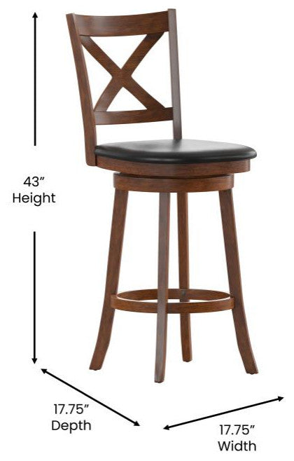 Felicity Wood Crossback Swivel Bar Height Barstool with Upholstered Seat, Black Vinyl/Antique Oak Frame