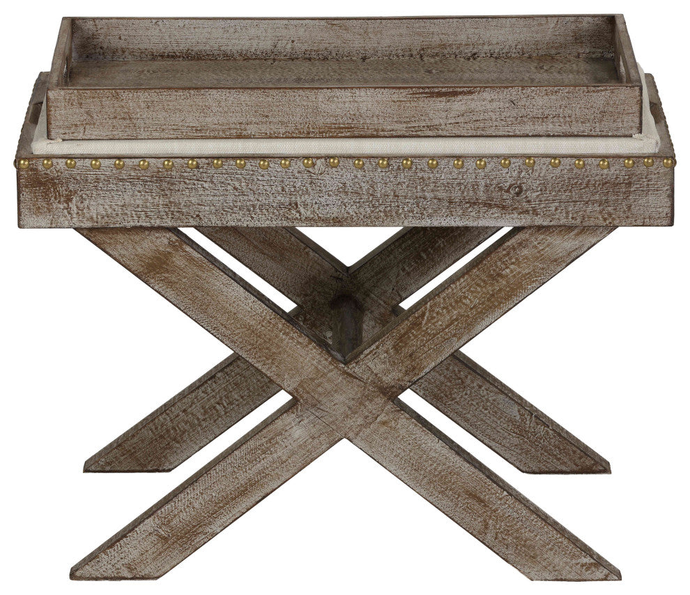 Cortesi Home Lupin Distressed Wood Tray Top Ottoman with Beige Fabric Top