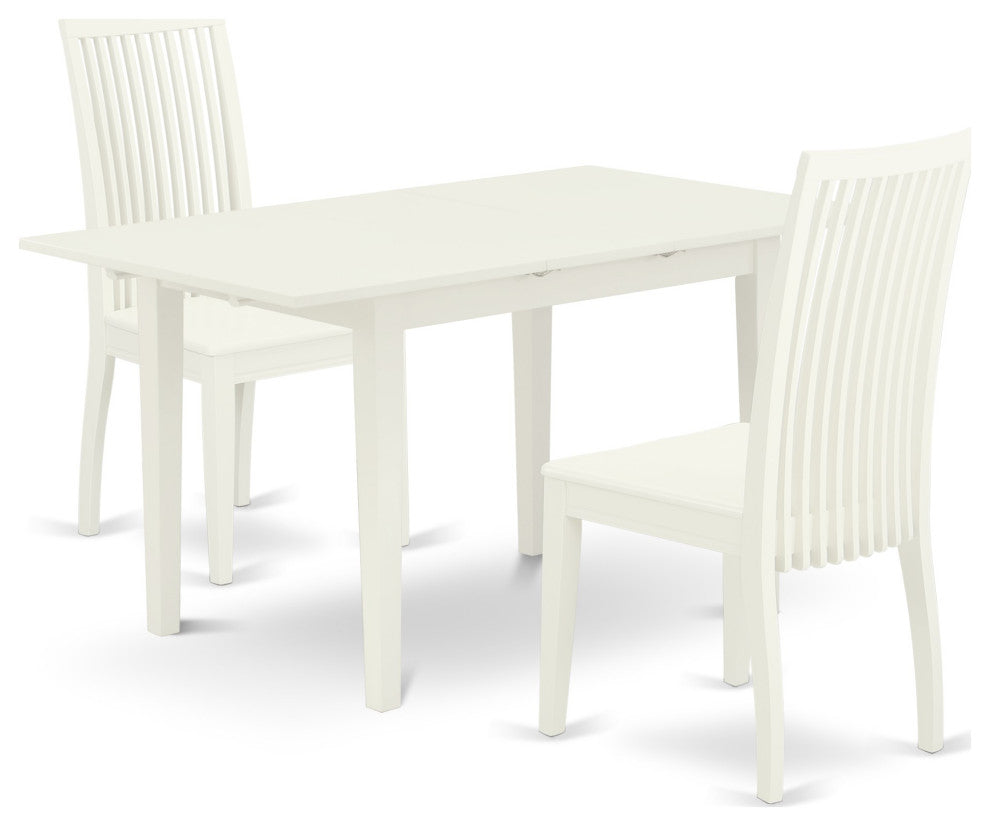 3Pc Dining Set 2 Dining Chairs, Butterfly Leaf Wood Dining Table, Linen White