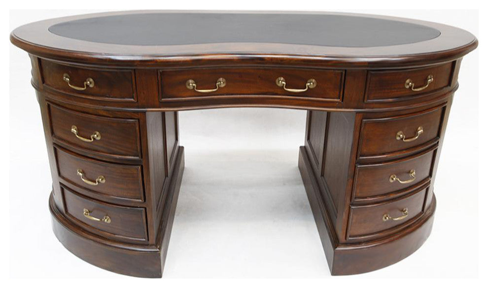Crafters and Weavers Legacy Mahogany Wood Leather Top Kidney Desk - Brown Walnut