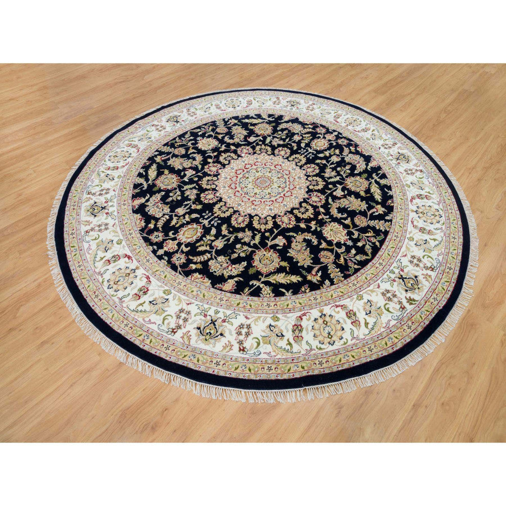Blue 250 KPSI Extra Soft Wool Hand Knotted Nain Design Round Rug 9'10"x9'10"