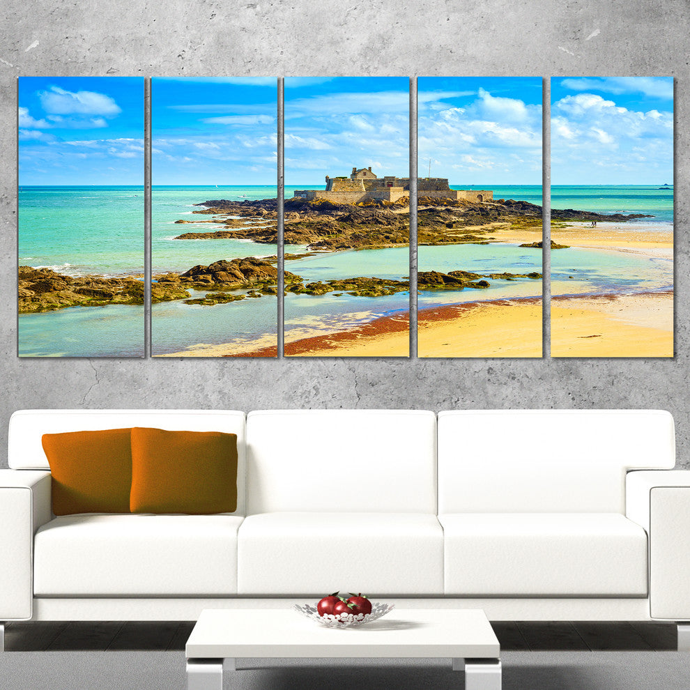 Saint Malo Fort National Beach, Seascape Canvas Art Print, 60"x28", 5 Panels