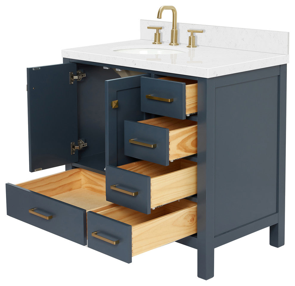 Ariel Cambridge 36" Left Offset Single Oval Sink Vanity, Carrara Quartz, Midnight Blue