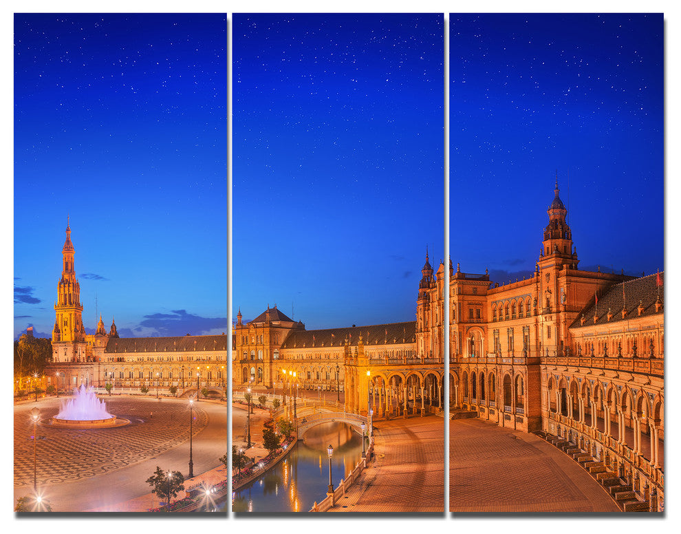 View of Spain Square at Sunset, Cityscape Triptych Canvas Print, 36x28, 3 Panels