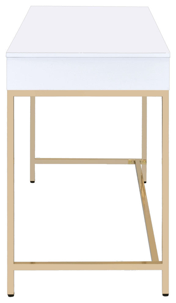 ACME Ottey Vanity Desk, White High Gloss and Gold Finish