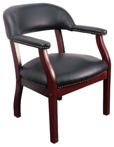 Black Vinyl Leather Conference Chair, Traditional Captain's, Wooden Frame