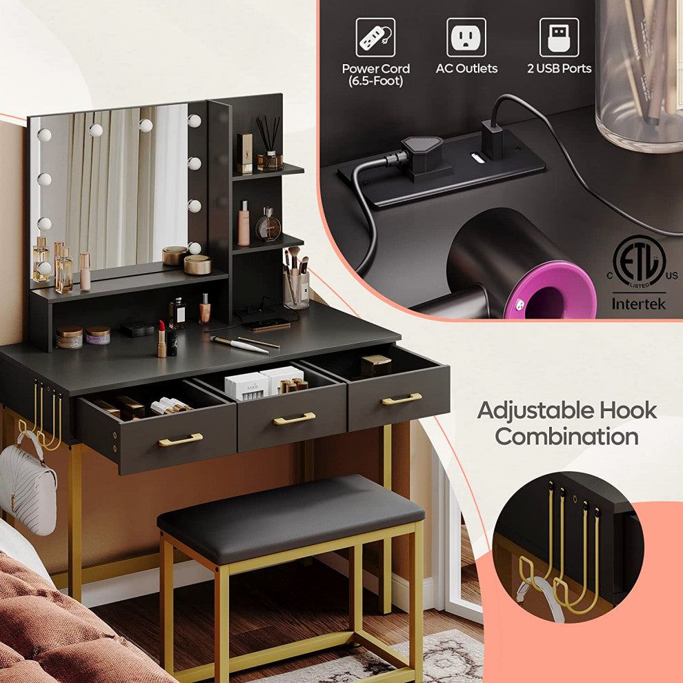 Makeup Vanity with Wider Cushioned Stool and 3 Drawer for Bedroom