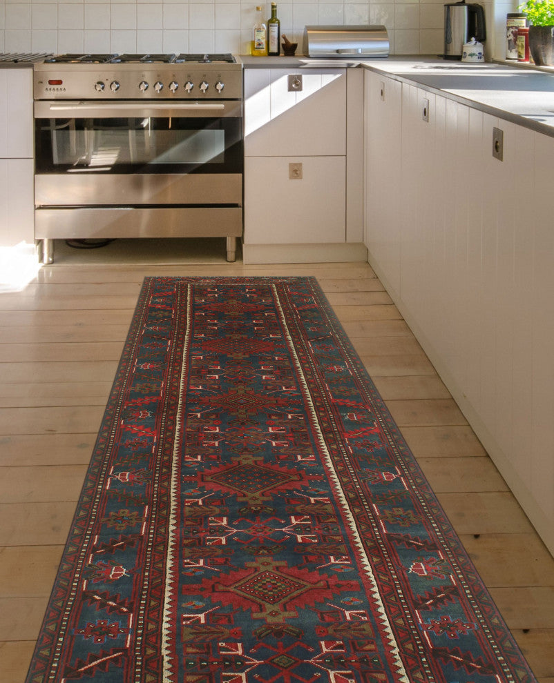 Fine Vintage Distressed Pareevas Red/Navy Runner, 3'7x10'9