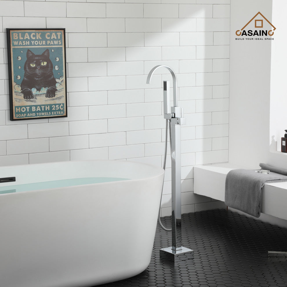 Floor Mount Bathtub Faucet with Hand Shower, Chrome