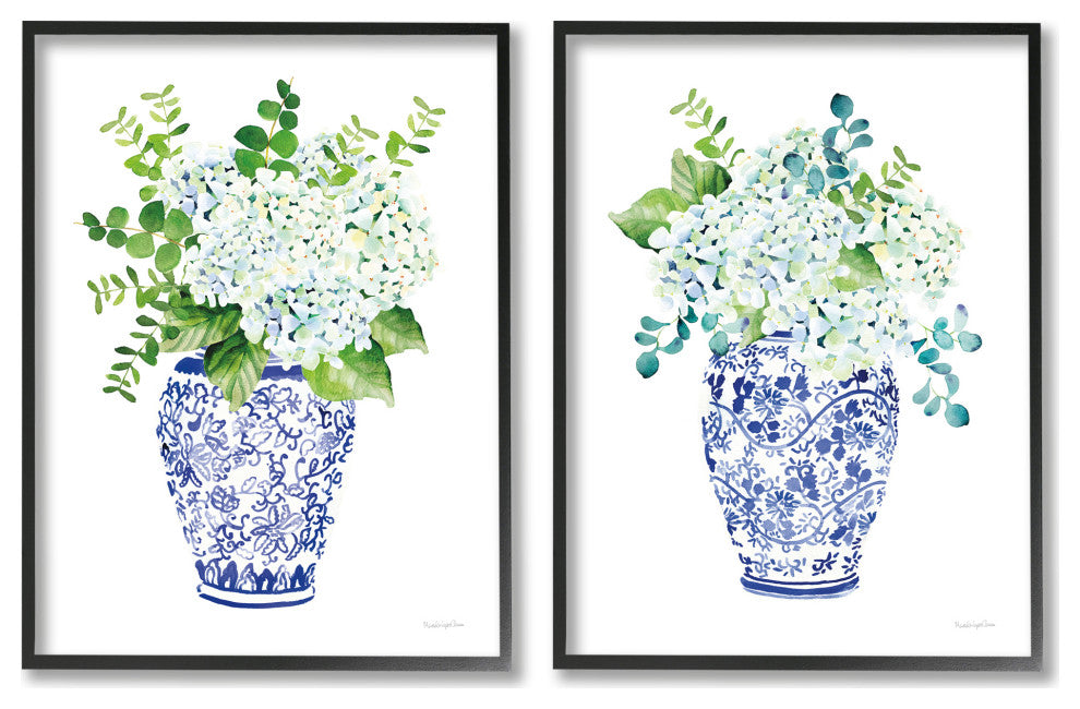 Blue Floral Bouquets Lush Green Botanicals Ornate Pot,2pc, each 24 x 30