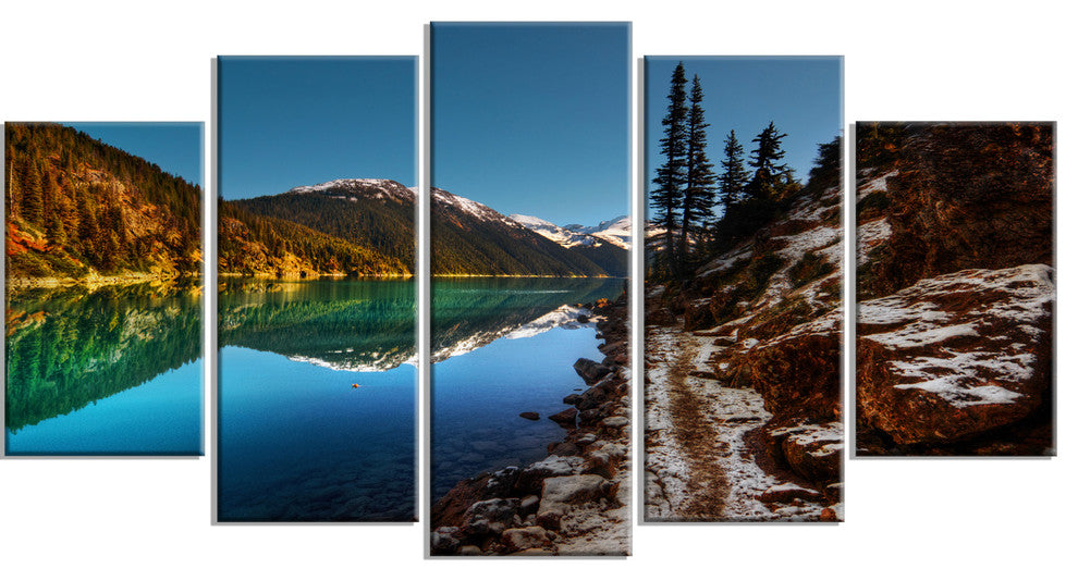 Blue Clear Lake with Mountains, Landscape Canvas Print, 60"x32", 5 Panels