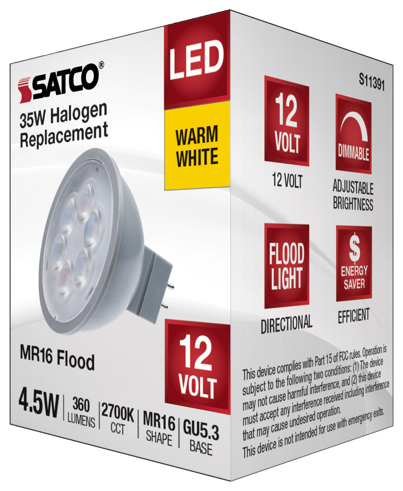 4.5W MR16 LED, Silver Finish, 2700K, GU5.3 Base, 360 Lumens, 12V