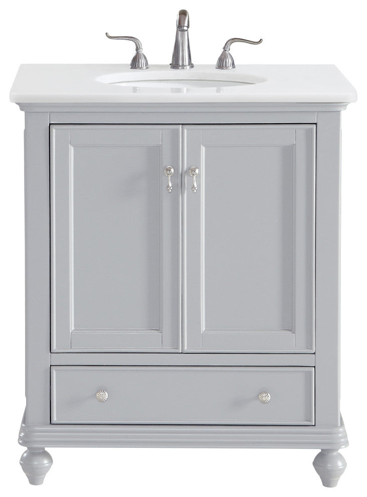 30" Single Bathroom Vanity, Light Grey With Ivory White Engineered Marble