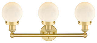 Small Edison Beacon 3-Light 25" Vanity Light, Satin Gold With Matte White Shade