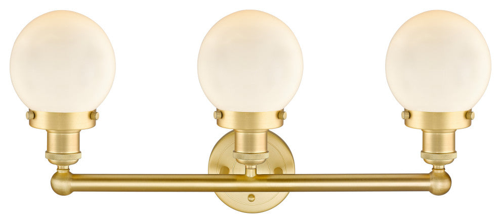 Small Edison Beacon 3-Light 25" Vanity Light, Satin Gold With Matte White Shade