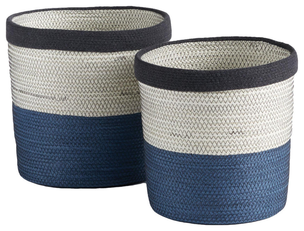 Set of 2 Coastal Casual Natural White Blue Woven Stripe Storage Baskets Round