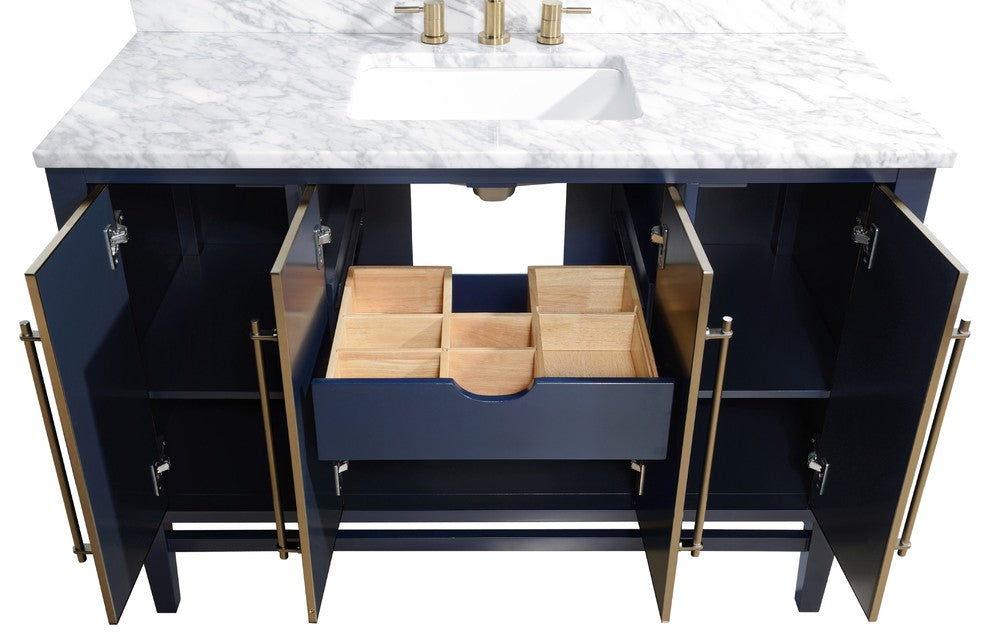 Mason 49" Vanity Combo, Navy Blue, Matte Gold Hardware / Natural 1" Carrara White Marble Countertop and Backsplash