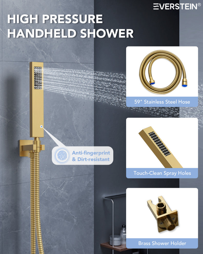 Thermostatic LED Shower System Rainfall Waterfall Shower Head w/ Hand Shower, Brushed Gold, 23 in.x 15 in.