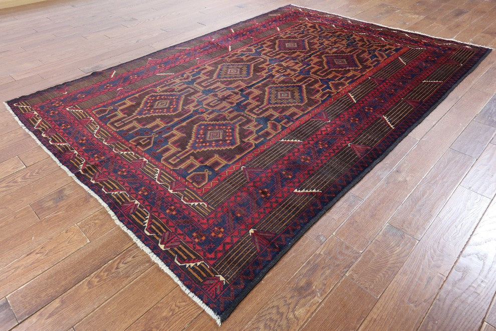 Tribal Geometric Blue Afghan Hand-Knotted Wool Rug, 6'x9'