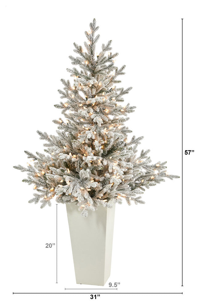 57" Flocked Fraser Fir Faux Xmas Tree W/Lights & Bendable Branches Tower Planter