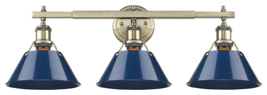 Golden Orwell 3 Light Bath Vanity, Aged Brass, Navy Blue Shade