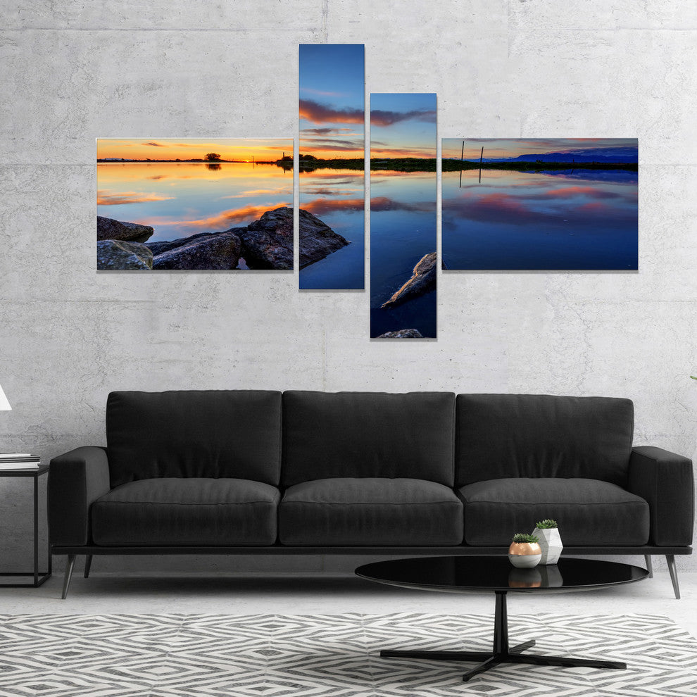 Beautiful Calm Water and Sunset, Large Landscape Canvas Art, 60"x32", 4 panels