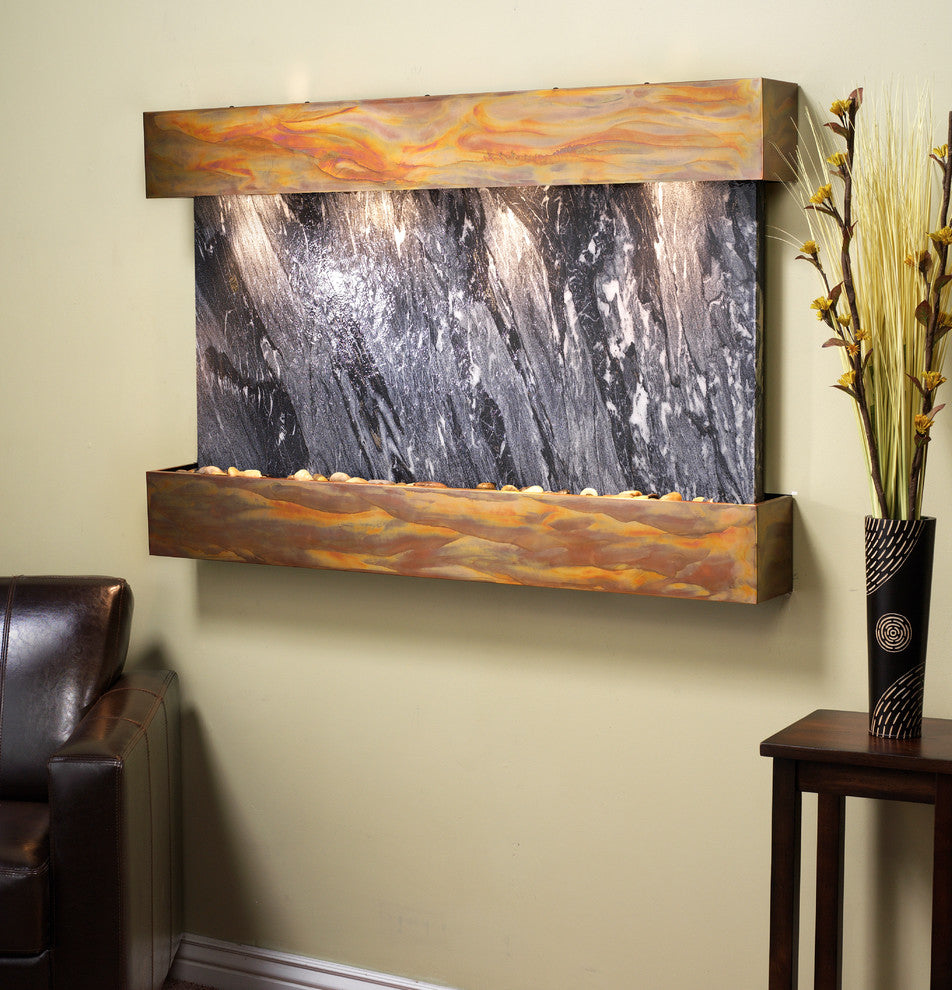 Sunrise Springs water fountain, Black Spider Marble, Rustic Copper, Square