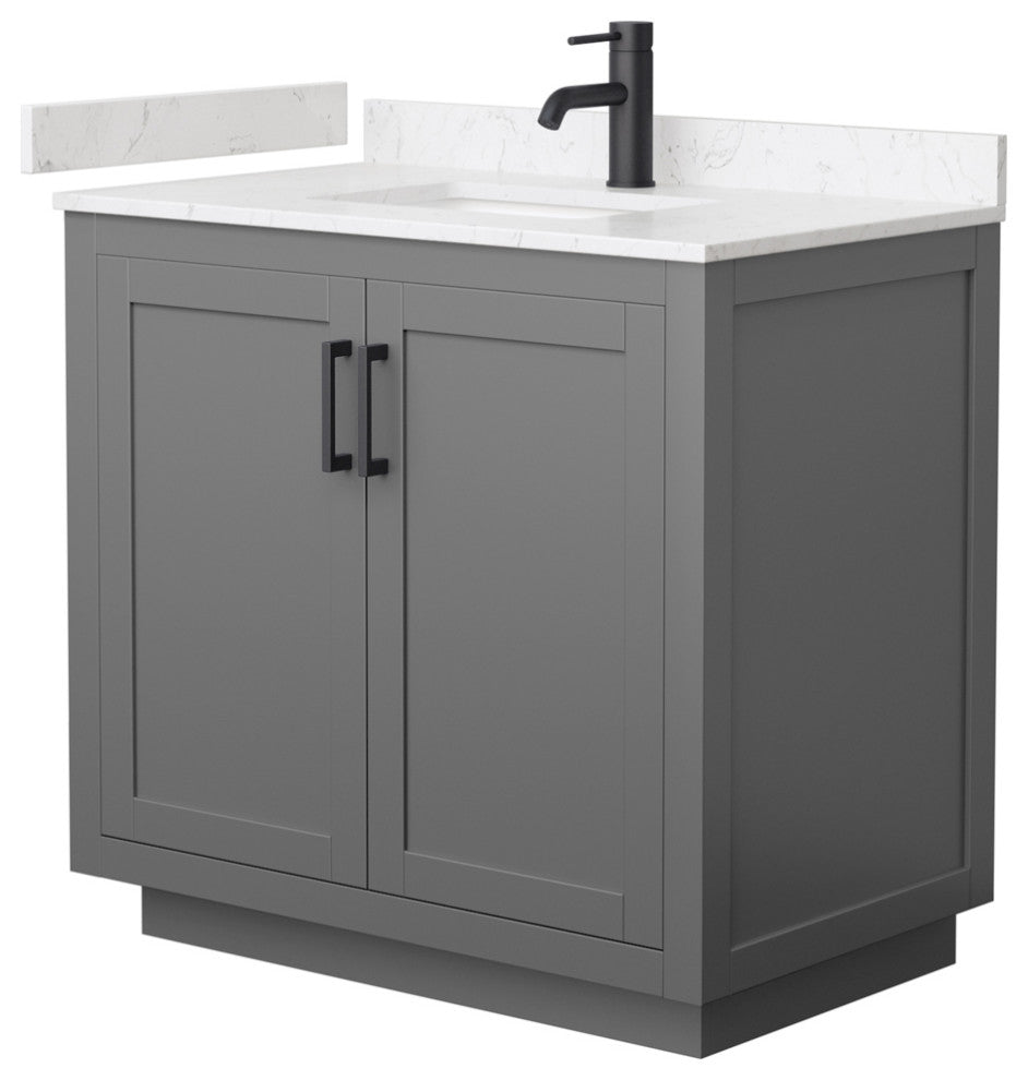 36"SGL Vanity Dark Gray, Light-Vein Carrara Cult. Marble Top, Sink, Black Trim