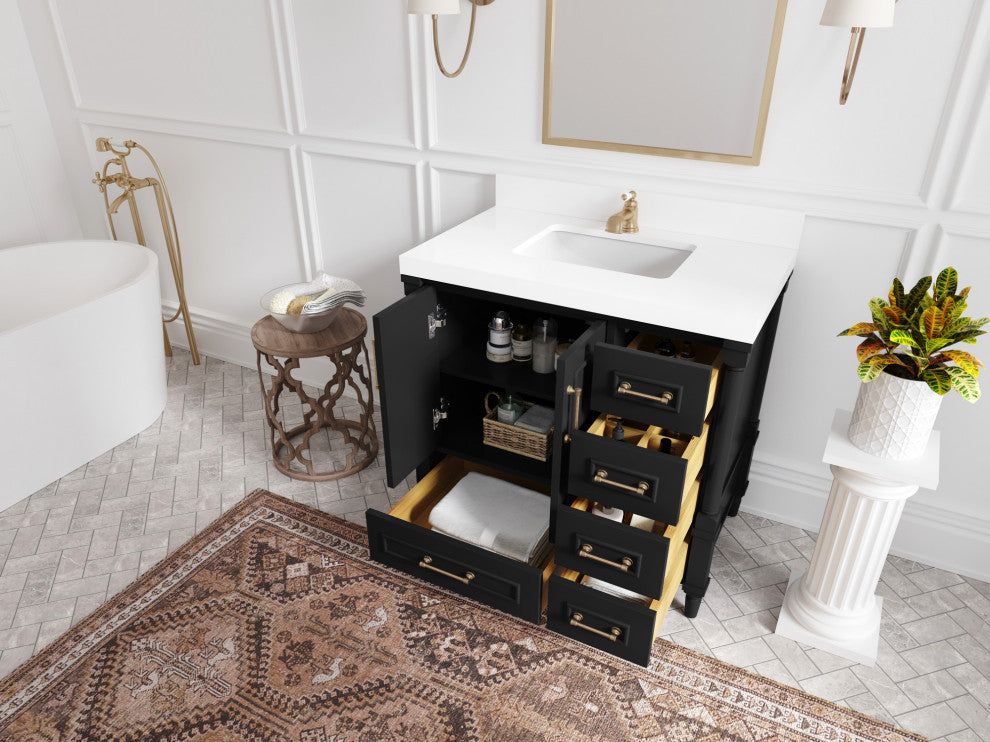 Aberdeen 36 Center Sink Bath Vanity in Black 2" Venatino Quartz