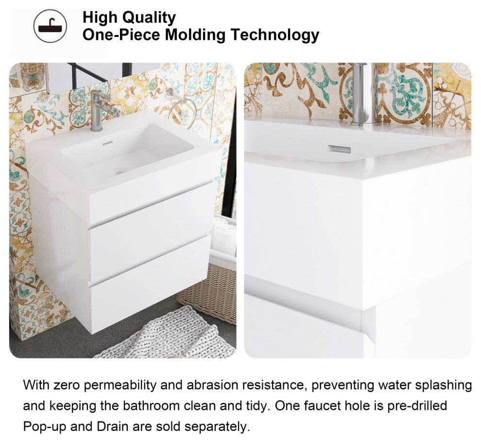 Wood Wall-Mounted Bathroom Vanity Set with Integrated Resin Sink, White, 24"