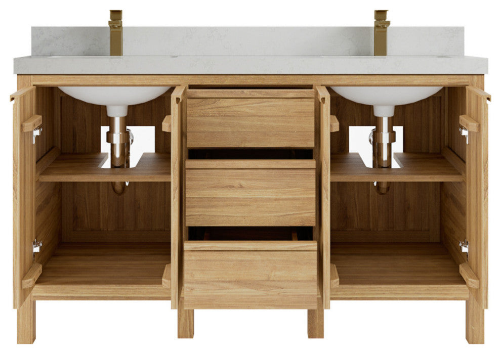 Elizabeth 60 Double Bathroom Vanity in Light Natural Teak 2" Carrara Quartz