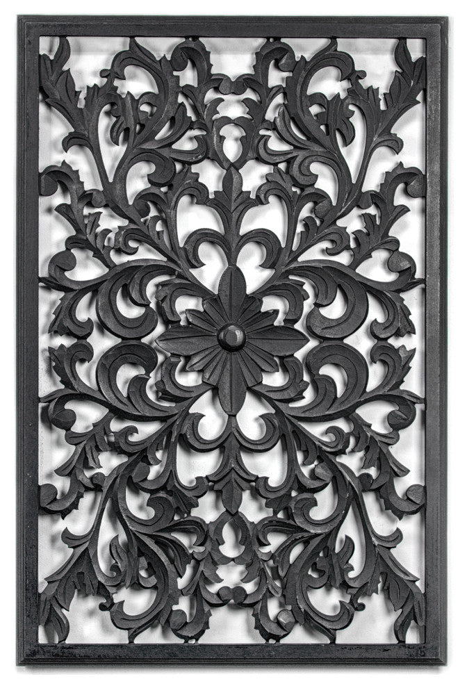 Hand-Carved Floral Wood Medallion Wall Art, Black, 36"x24"