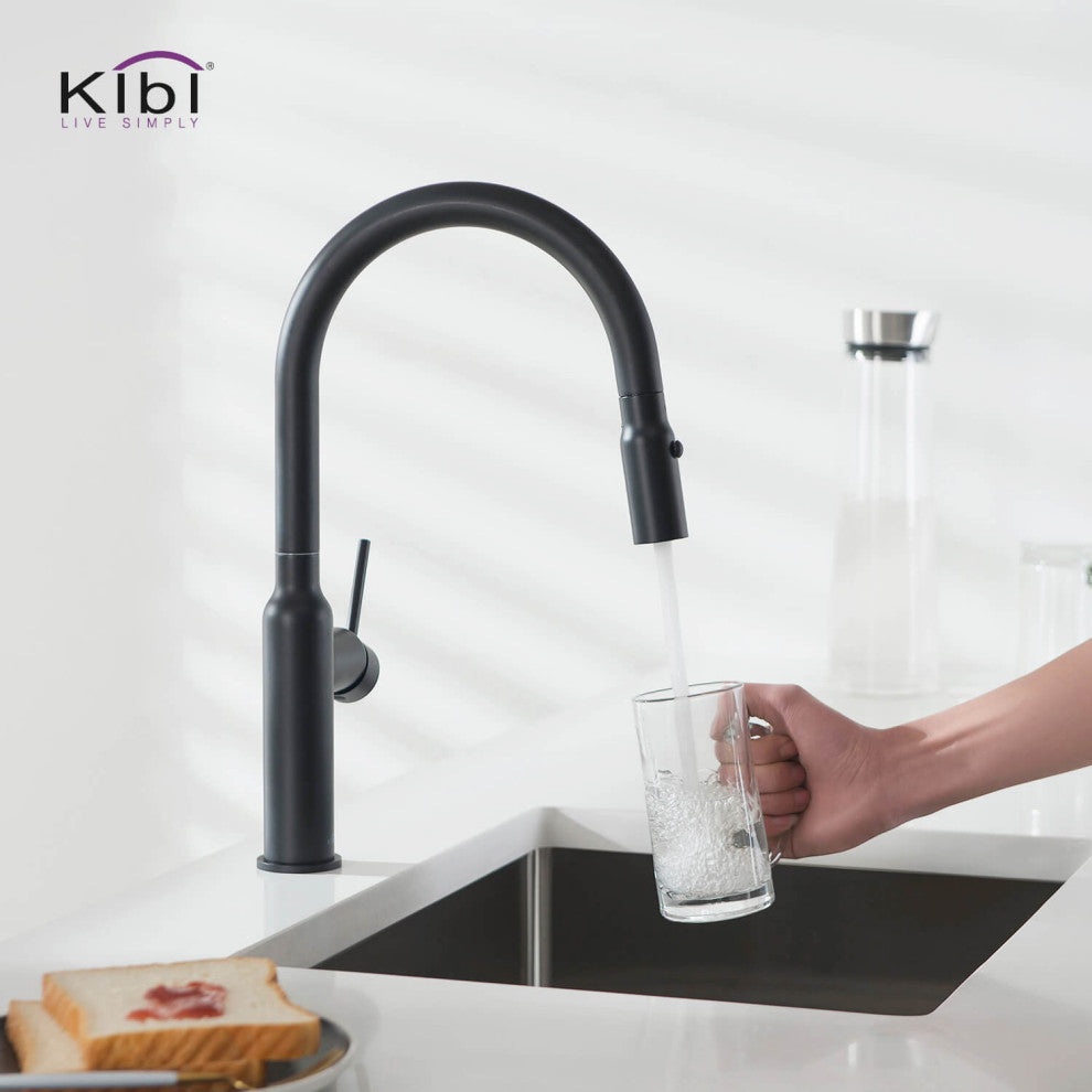 KIBI Hilo Single Handle Pull Down Kitchen Faucet, Matte Black, W/ Soap Dispenser