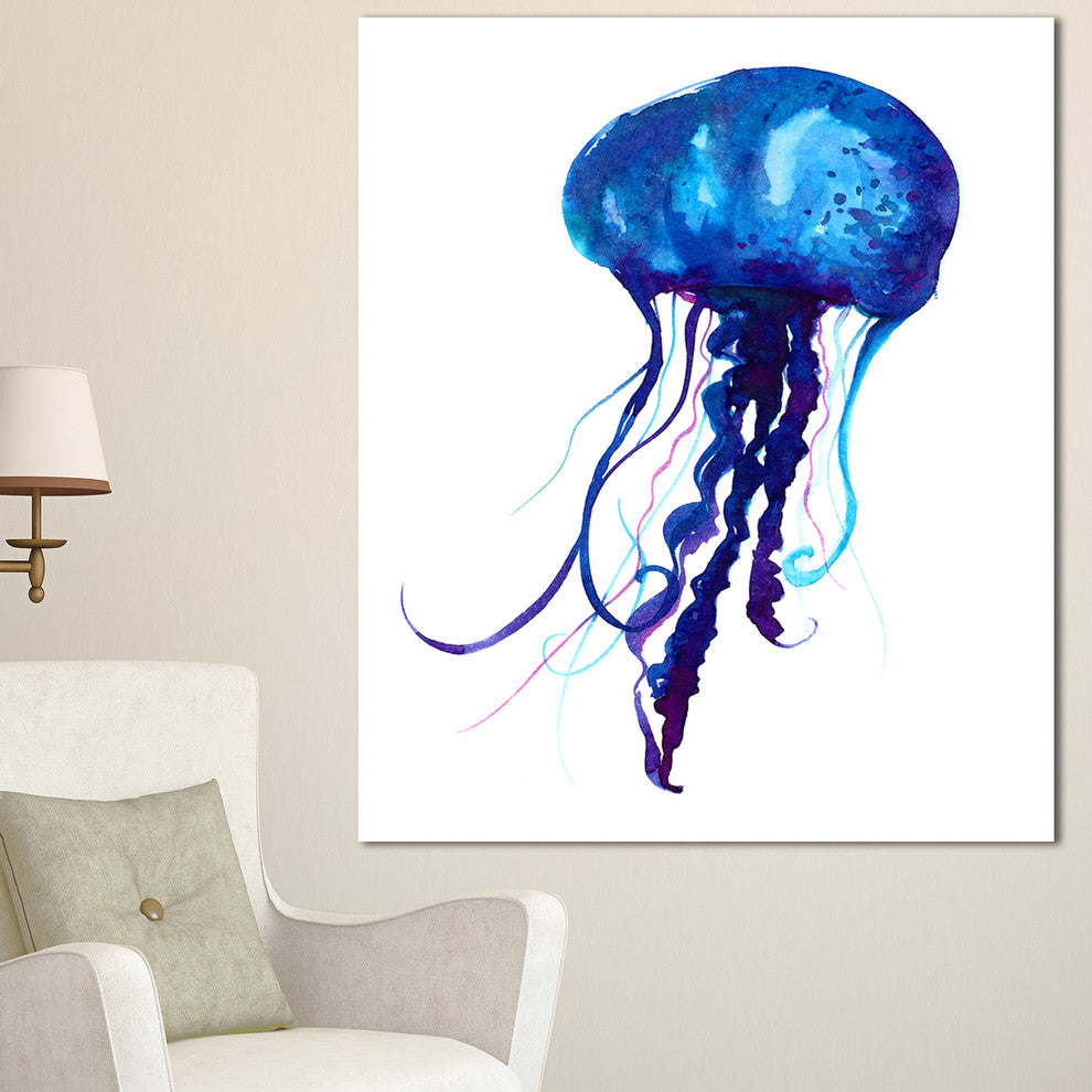 Dark Blue Jellyfish Watercolor, Animal Canvas Art Print, 30"x40"