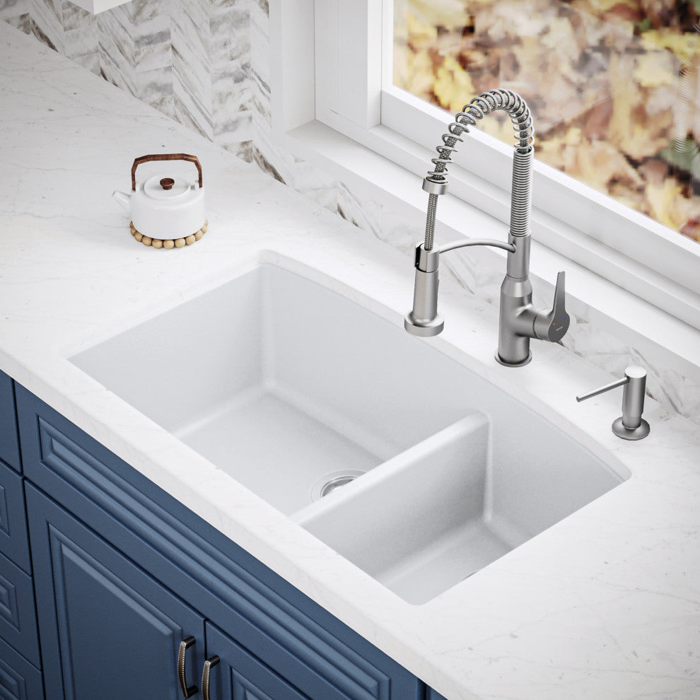 Karran Undermount Quartz 32" 60/40 Double Bowl Kitchen Sink, White