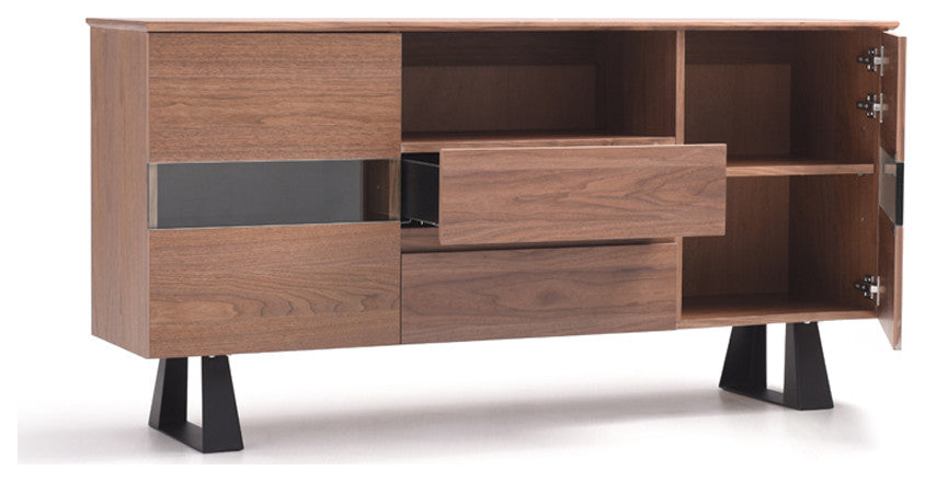 HomeRoots 32" Walnut Veneer Metal and Glass Buffet