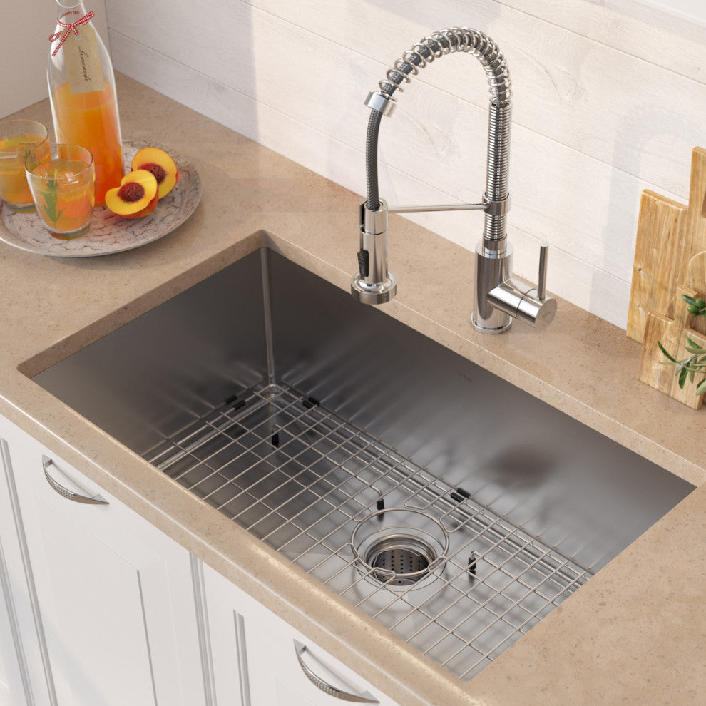 30" Undermount Stainless Steel Kitchen Sink, Pull-Down Faucet CH, Dispenser