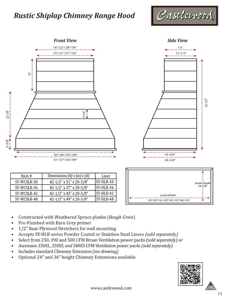 Castlewood Rustic Shiplap Chimney Range Hood - Light Gray, 48", 350 Cfm Ventilat