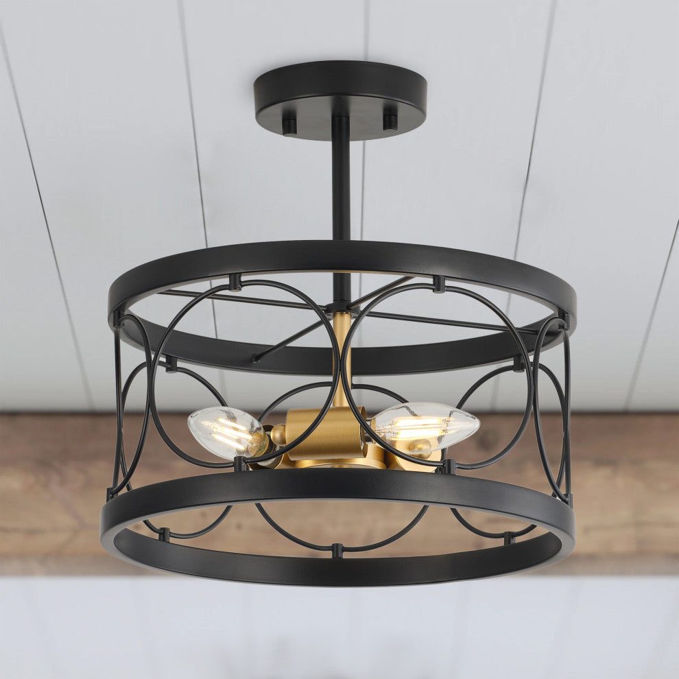 Farmhouse 3-Light Metal Drum Shape Semi Flush Mount Ceiling Light