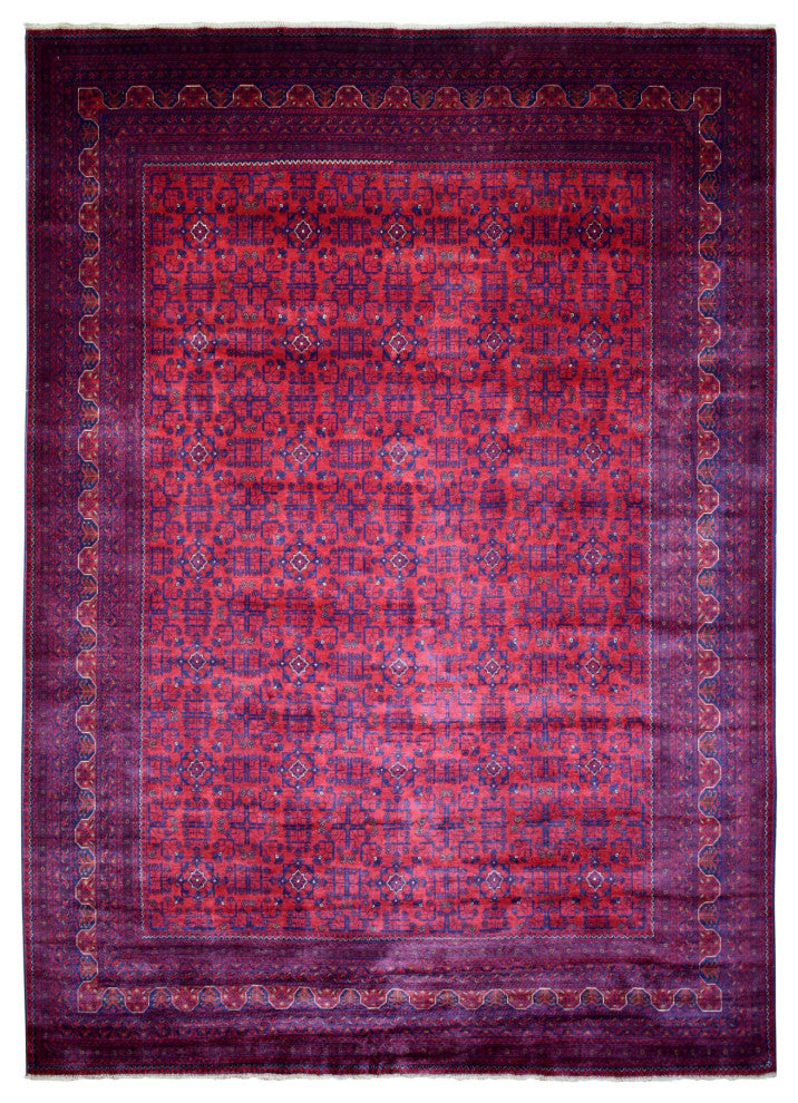 Red Hand Knotted Soft Shiny Wool Afghan Khamyab Geometric Design Rug, 10'x12'10"