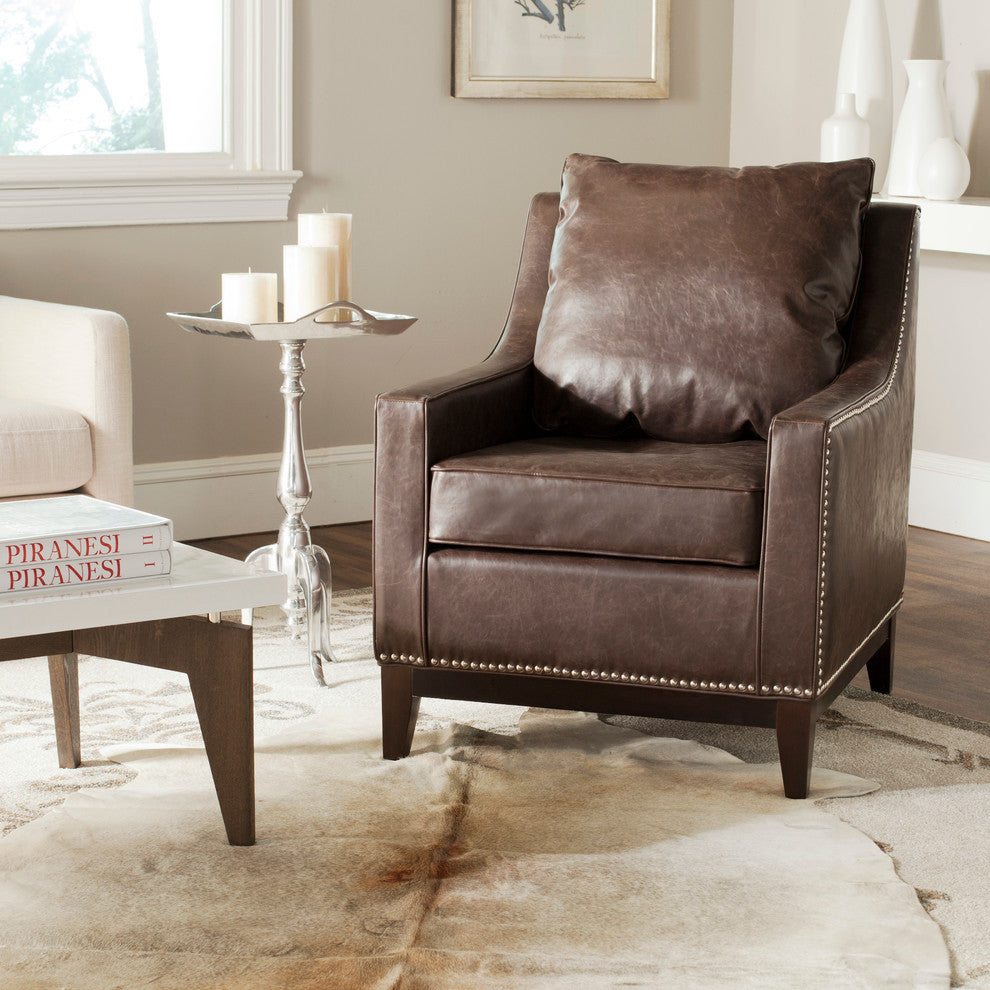 Safavieh Colton Club Chair, Antiques Brown, Espresso, Leather, With Nail Head