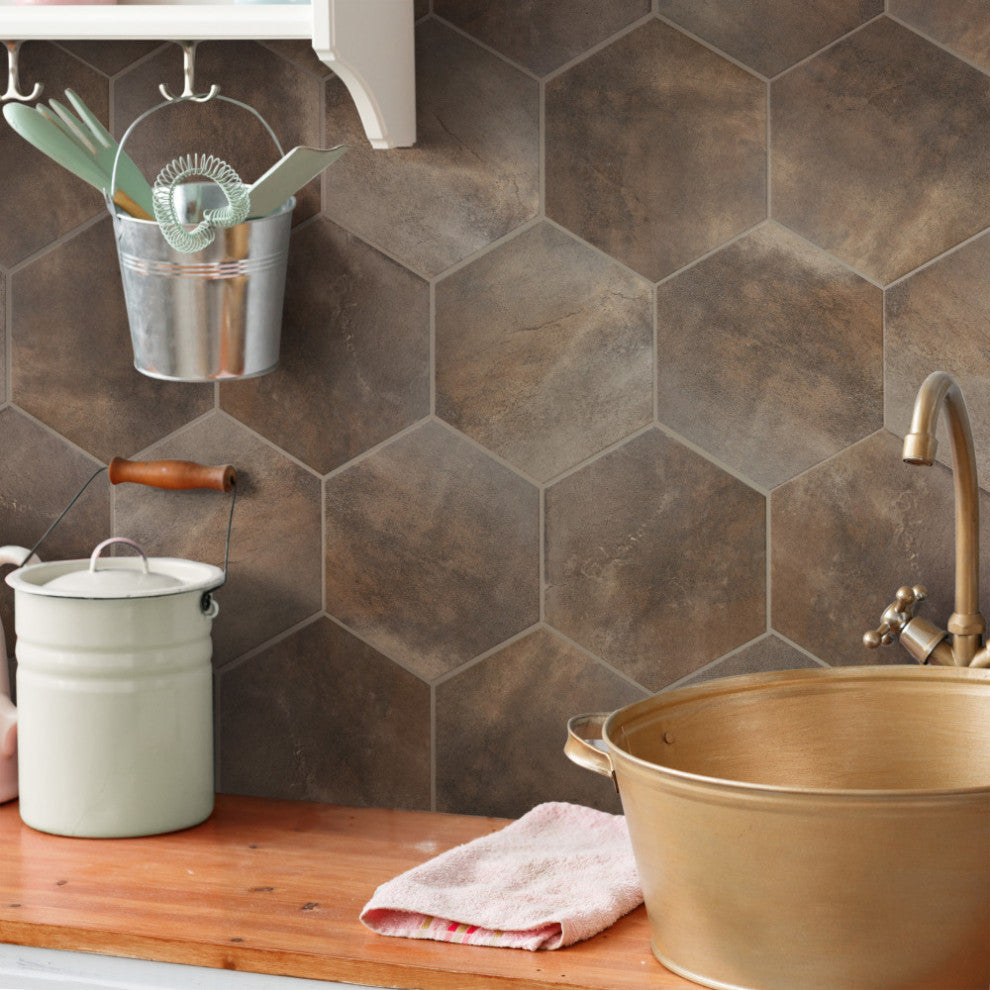 Industrial Hex Multi Mix Porcelain Floor and Wall Tile, Brown