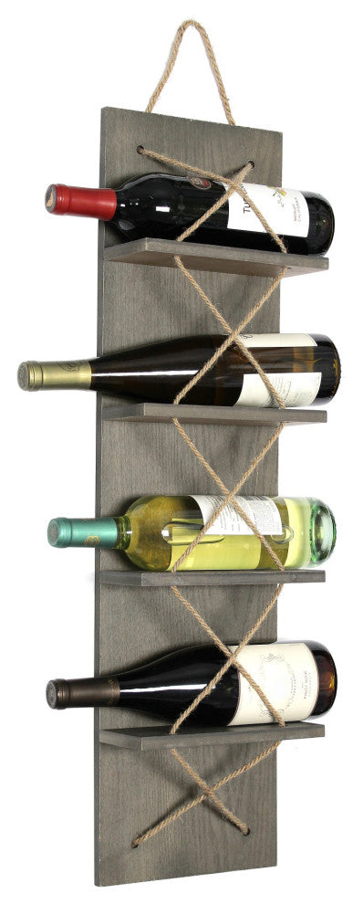 Positano Nautical Rope 4 Bottle Vertical Wall Mounted Wood Wine Rack Rustic Gray