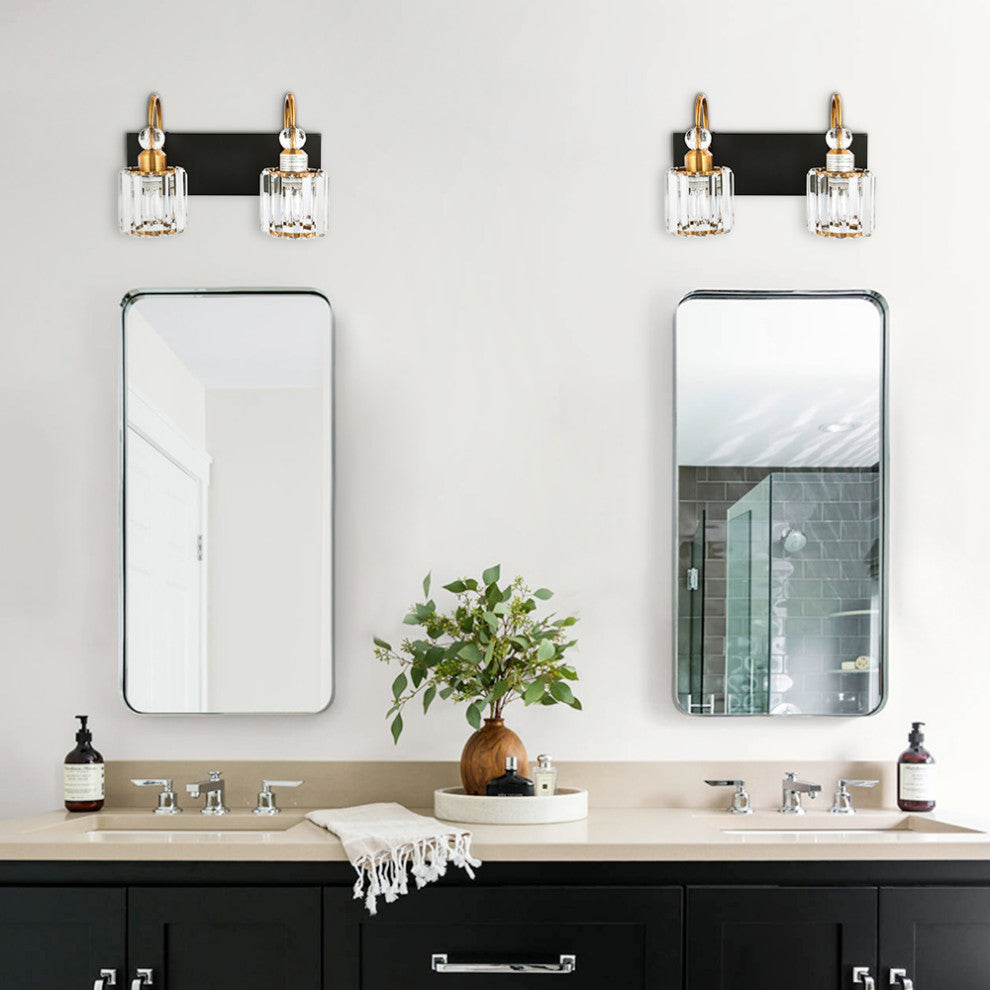 Dimmable Vanity Light With Crystal Accents, Black/Gold, 2 Light
