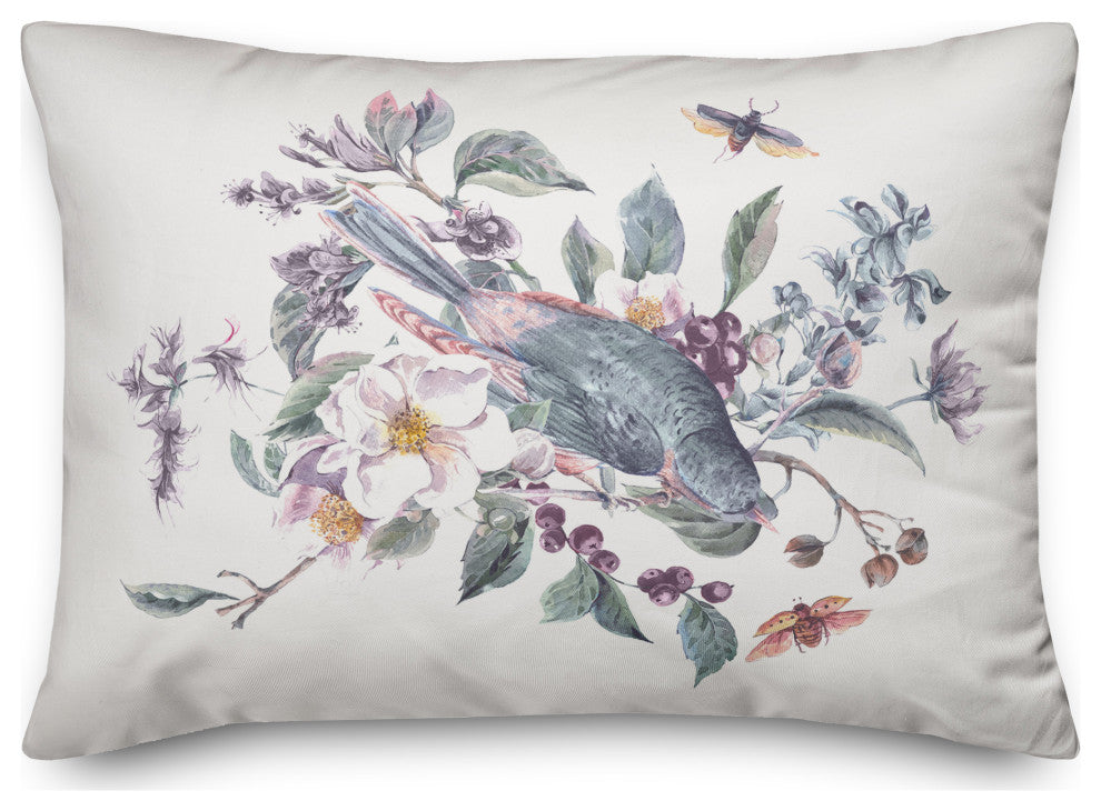 Watercolor Bird, Branches Purple 3 14x20 Spun Poly Pillow