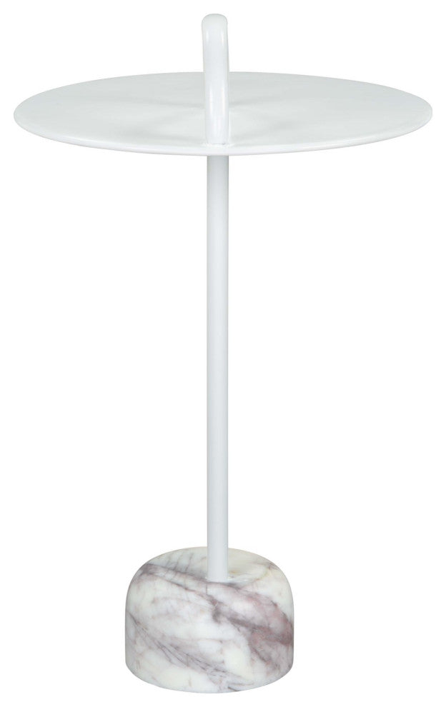 Sofa Side Table, Round, Artificial Marble, Iron Metal, White, Hospitality