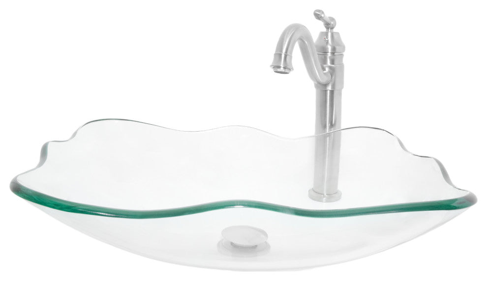 Clear Scalloped Tempered Glass Vessel Bathroom Sink with Faucet and Drain, Brushed Nickel