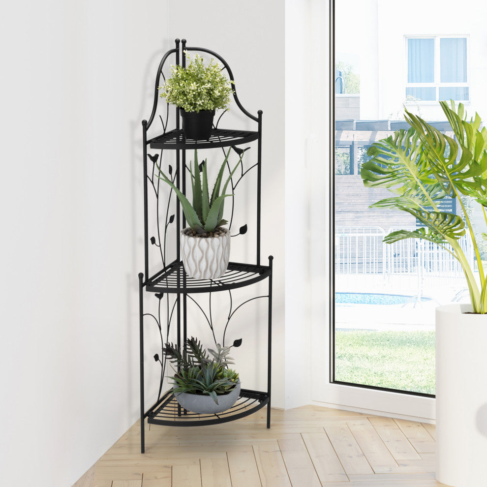 44.75"H 3-Tiered Black Metal Corner Shelf Plant Stand