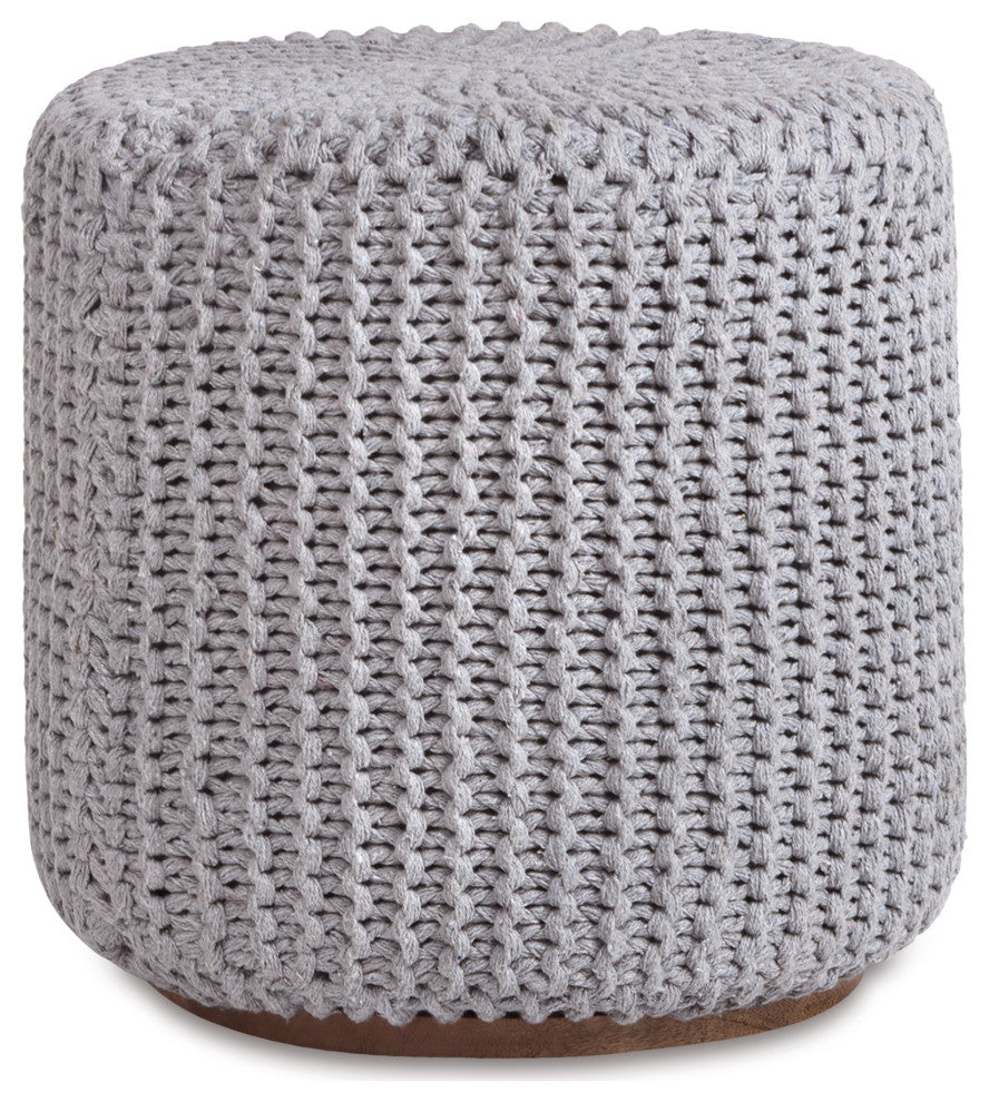 Loft Lyfe Marbella Ottoman, Hand Knitted, Wooden Tray, Cotton Yarn, Light Gray